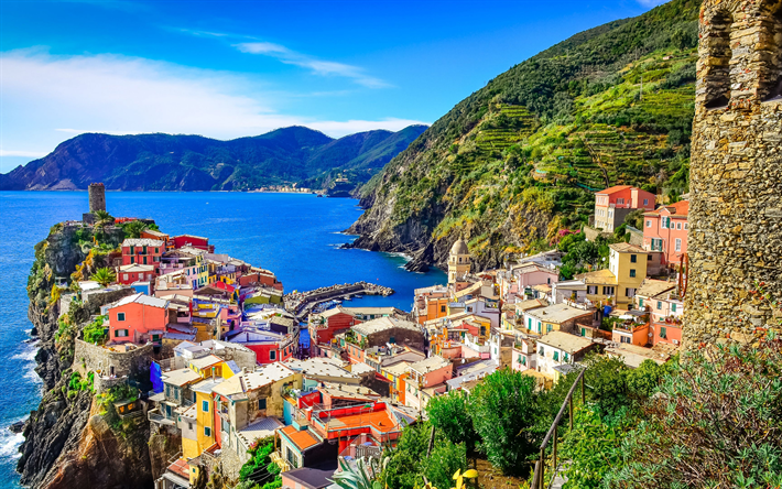 manarola, 4k, hamnen, italienska st&#228;der, corniglia, sommar, monterosso al mare, hdr, italien, europa, manarola stadsbilden