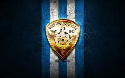 WA Tlemcen, golden logo, Algerian Ligue Professionnelle 1, blue metal background, football, Algerian football club, WA Tlemcen logo, soccer, WAT, Widad Athletic