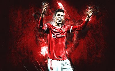 Raphael Varane, Manchester United FC, French football player, portrait, red stone background, Premier League, England, football