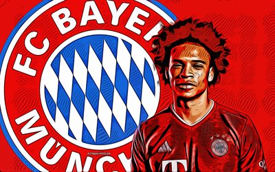 Leroy Sane, FC Bayern Munich, 4k, vector art, Leroy Sane drawing, creative art, Leroy Sane art, vector drawing, Bayern Munich logo