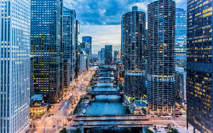4k, chicago, skyskrapor, business center, kv&#228;ll, solnedg&#229;ng, moderna byggnader, chicago stadsbilden, illinois, usa
