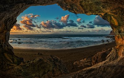 kanarieöarna, 4k, solnedgång, grottan, klippor, gran canaria, vacker natur, hdr, atlanten