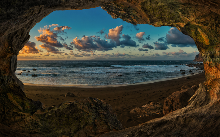 カナリア諸島, 4k, 夕日, 洞窟, の洞窟, 崖, グランカナリア, 美しい自然, hdr, 大西洋