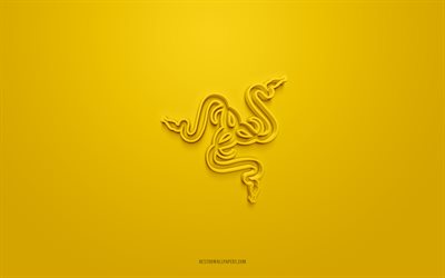 razer logo en 3d, fondo amarillo, arte 3d, razer emblema, logotipo de razer, creativo, razer, amarillo logo de razer