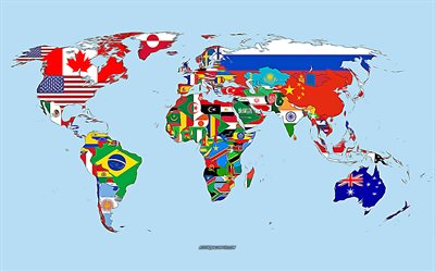 mapa del mundo, 4k, arte vectorial, mapa del mundo del dibujo, arte creativo, mapa del mundo del arte, dibujo vectorial abstracto de mapamundi, mapa del mundo con banderas nacionales