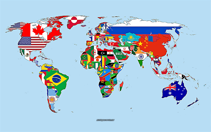 世界地図, 4k, ベクトル美術, 世界地図を描画, 【クリエイティブ-アート, 世界地図美術, ベクトル描画, 抽象的な世界地図, 世界地図との国旗