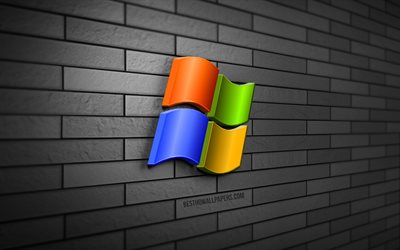 windows 3d logo, 4k, gri tuğla duvar, yaratıcı, markalar, windows logosu, 3d sanat, windows, microsoft windows logosu