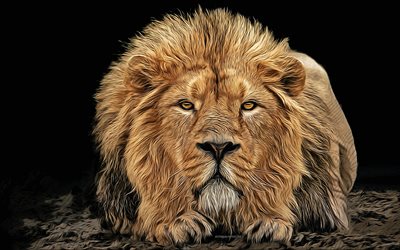 aslan, yırtıcı hayvan, 4k, vekt&#246;r sanatı, aslan &#231;izimi, yaratıcı sanat, aslan sanatı, vekt&#246;r &#231;izimi, soyut hayvanlar, sakin aslan, nazik aslan