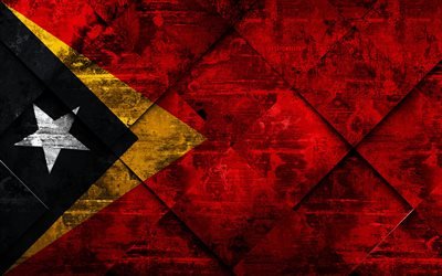 Timor-Leste, 4k, grunge sanat, rhombus grunge doku, Timor-Leste bayrağı, bayrak, Asya, ulusal semboller, yaratıcı sanat