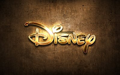 Disney altın logo, resimler, kahverengi metal arka plan, yaratıcı, Disney logo, marka, Disney