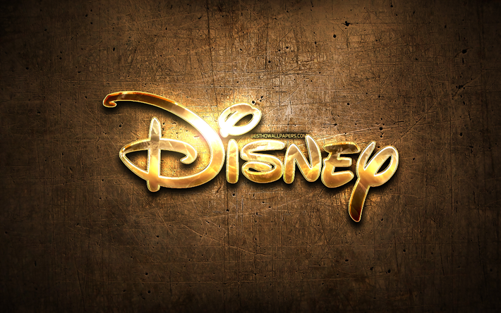 Disney golden logo, artwork, brown metal background, creative, Disney logo, brands, Disney