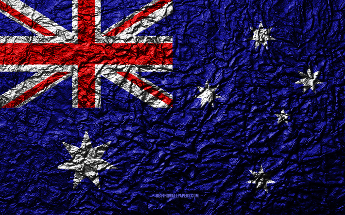 Avustralya, 4k, taş doku, bayrak, dalgalar doku, Avustralya bayrak, ulusal sembol, Okyanusya, taş arka plan