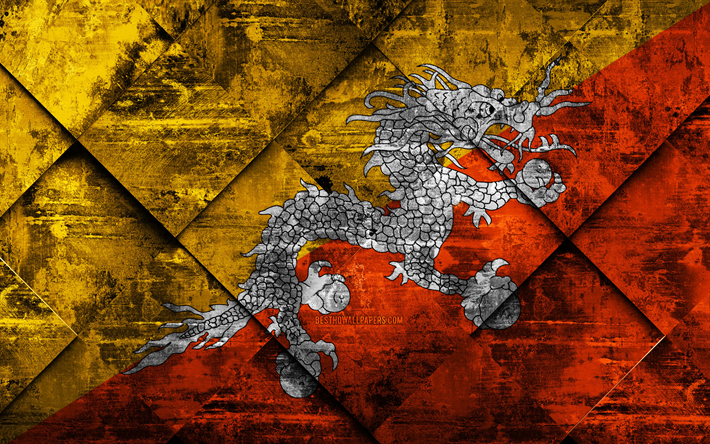 Flag of Bhutan, 4k, grunge art, rhombus grunge texture, Bhutan flag, Asia, national symbols, Bhutan, creative art