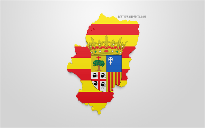 3d flag of Aragon, map silhouette of Aragon, autonomous community, 3d art, Aragon 3d flag, Spain, Europe, Aragon, geography, Aragon 3d silhouette