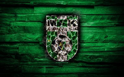 Karvina FC, burning logo, Czech First League, green wooden background, czech football club, MFK Karvina, grunge, football, soccer, Karvina logo, Czech Republic