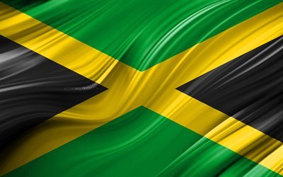 4k, bandiera Giamaicana, paesi del Nord america, 3D onde, Bandiera della Giamaica, simboli nazionali, Giamaica 3D, bandiera, arte, Nord America, Giamaica