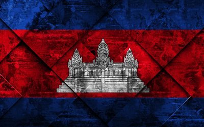 Bandeira do Camboja, 4k, grunge arte, rombo textura grunge, Camboja bandeira, &#193;sia, s&#237;mbolos nacionais, Camboja, arte criativa