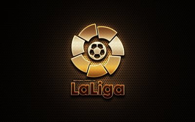 LaLiga glitter logo, football leagues, creative, metal grid background, LaLiga logo, La Liga, brands, LaLiga