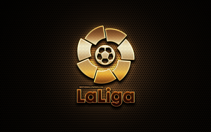 LaLiga glitter logo, football leagues, creative, metal grid background, LaLiga logo, La Liga, brands, LaLiga