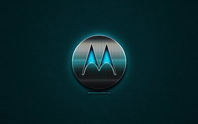 モトローラのロゴがキラキラ, 創造, 青色の金属の背景, モトローラのロゴ, ブランド, モトローラ