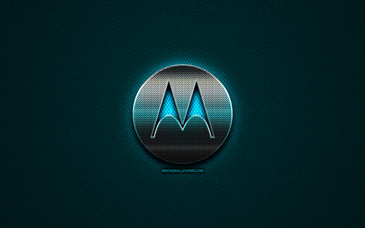 Motorola paillettes logo, créatif, bleu métal, fond, logo Motorola, marques, Motorola