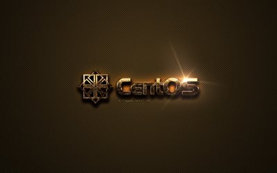 CentOS gold logo, creative art, gold texture, CentOS logo, brown carbon fiber texture, CentOS gold emblem, CentOS