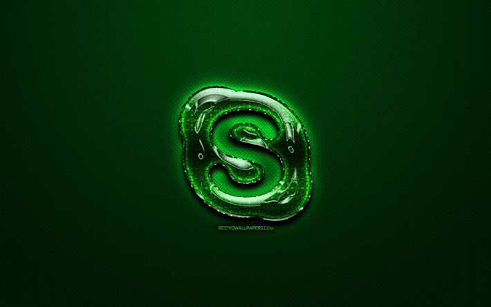 Skype green logo, green vintage background, artwork, Skype, brands, Skype glass logo, creative, Skype logo