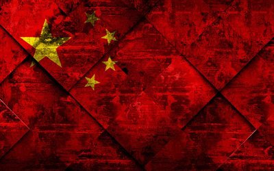 Flaggan i Kina, 4k, grunge konst, rhombus grunge textur, Kinesisk flagga, Asien, nationella symboler, Kina, kreativ konst