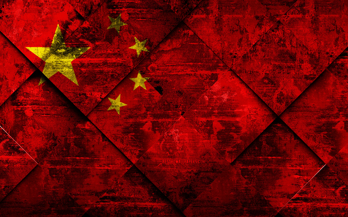 Lippu Kiina, 4k, grunge art, rhombus grunge tekstuuri, Kiinan lippu, Aasiassa, kansalliset symbolit, Kiina, creative art