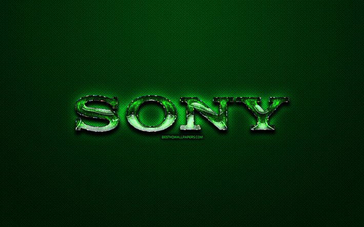 Sony green logo, green vintage background, artwork, Sony, brands, Sony glass logo, creative, Sony logo