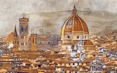 Florence Cathedral, Florence, Italy, grunge art, creative art, painted Florence Cathedral, drawing, Florence Cathedral abstraction, digital art, painted Florence, Cathedral of Saint Mary of the Flower