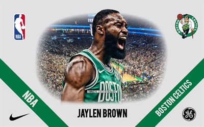 Jaylen Brown, Boston Celtics, American Basketball Player, NBA, portrait, USA, basketball, TD Garden, Boston Celtics logo