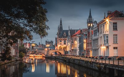 Gent, Center, kv&#228;ll, sunset, stadsbilden, kanalen, Belgien, Gent stadsbilden