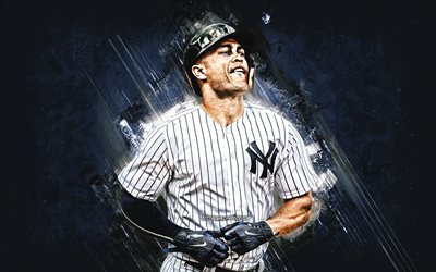 Giancarlo Stanton, Nova York Yankees, MLB, Mike Stanton, jogador de beisebol americano, retrato, a pedra azul de fundo, Major League Baseball, Giancarlo Cruz Michael Stanton