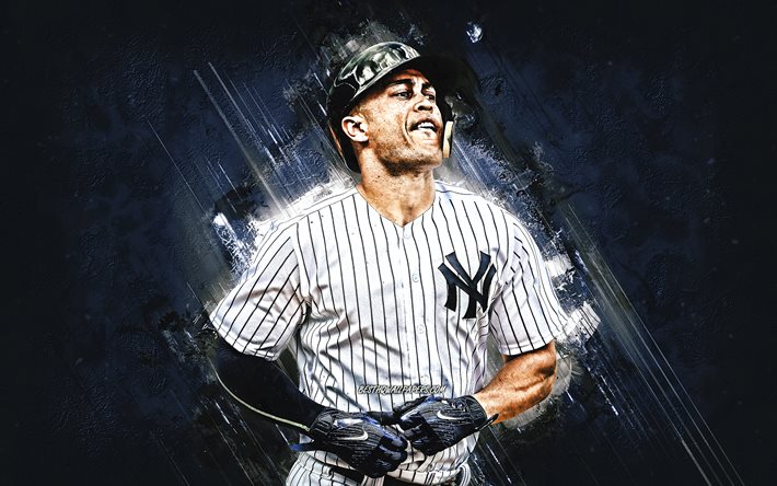 Giancarlo Stanton, New York Yankees, MLB, Mike Stanton, american baseball player, portrait, blue stone background, Major League Baseball, Giancarlo Cruz Michael Stanton