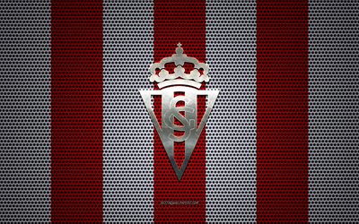 Real Sporting de Gijon logo, Spanish football club, metal emblem, red white metal mesh background, Real Sporting de Gijon, Segunda, Gijon, Spain, football