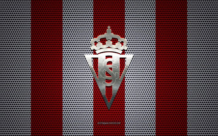 Real Sporting de Gijon logo, İspanyol Futbol Kul&#252;b&#252;, metal amblem, kırmızı beyaz metal kafes arka plan, Real Sporting de Gijon, Segunda, Gijon, İspanya, futbol