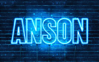 Anson, 4k, 壁紙名, テキストの水平, Anson名, お誕生日おめでAnson, 青色のネオン, 写真Anson名
