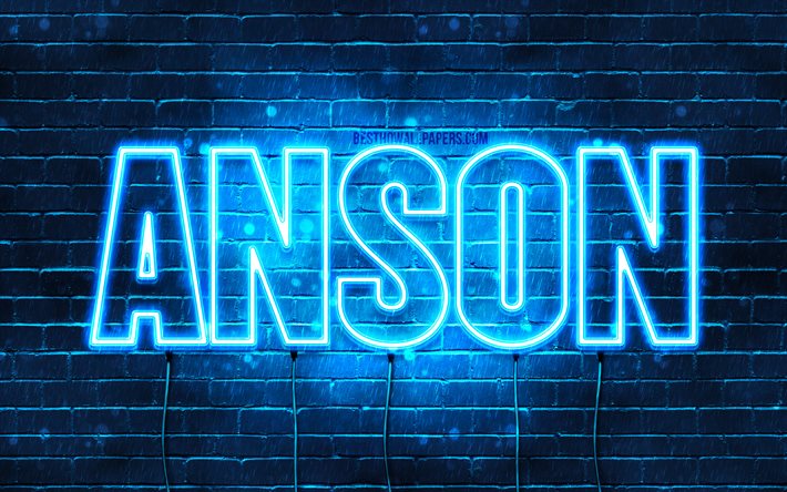 Anson, 4k, pap&#233;is de parede com os nomes de, texto horizontal, Anson nome, Feliz Anivers&#225;rio Anson, luzes de neon azuis, imagem com Anson nome
