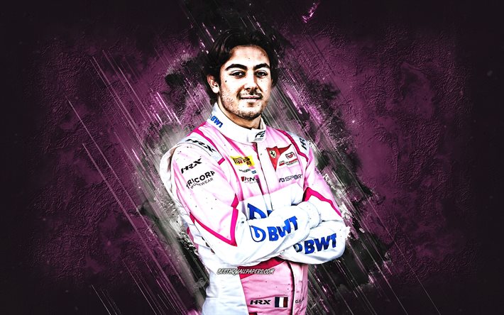 Giuliano Alesi, French racing driver, HWA Racelab, Formula 2, portrait, pink stone background, creative art