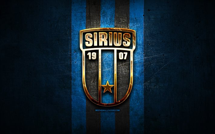 Sirius FC, logo dorato, Allsvenskan, blu, metallo, sfondo, calcio, IK Sirius, svedese football club, Sirius logo, Svezia