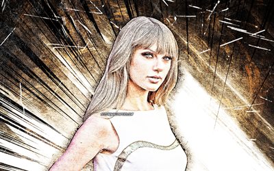 4k, Taylor Swift, grunge art, amerikkalainen laulaja, musiikin t&#228;hdet, luova, Hollywood, valkoinen abstrakti-s&#228;teilt&#228;, amerikkalainen julkkis, supert&#228;hti&#228;, Taylor Swift 4K