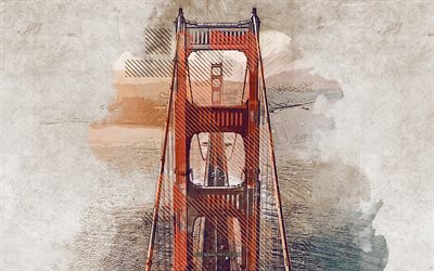Golden Gate K&#246;pr&#252;s&#252;, San Francisco, ABD, grunge sanat, yaratıcı sanat, San Francisco boyalı Golden Gate K&#246;pr&#252;s&#252;, &#231;izim, Golden Gate K&#246;pr&#252;s&#252; soyutlama, dijital sanat, boyalı