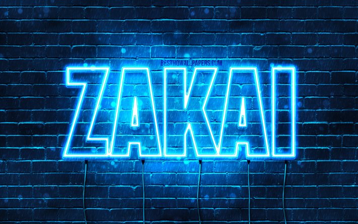 Zakai, 4k, pap&#233;is de parede com os nomes de, texto horizontal, Zakai nome, Feliz Anivers&#225;rio Zakai, luzes de neon azuis, imagem com Zakai nome