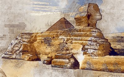 Sfinxen i Giza, Egypten, grunge konst, kreativ konst, m&#229;lade Sfinxen i Giza, ritning, Sfinxen i Giza abstraktion, digital konst, Sphinx