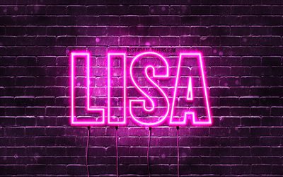 Lisa, 4k, fondos de pantalla con los nombres, los nombres femeninos, Lisa nombre, p&#250;rpura luces de ne&#243;n, Feliz Cumplea&#241;os de Lisa, la imagen con el nombre de Lisa