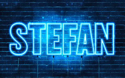 Stefan, 4k, wallpapers with names, horizontal text, Stefan name, Happy Birthday Stefan, blue neon lights, picture with Stefan name