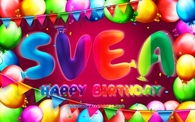 お誕生日おめでSvea, 4k, カラフルバルーンフレーム, Svea名, 紫色の背景, Sveaお誕生日おめで, Svea誕生日, 人気のスウェーデンの女性の名前, 誕生日プ, Svea