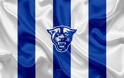 Georgia State Panteras, Time de futebol americano, emblema, seda bandeira, azul de seda branca de textura, NCAA, Georgia State Panteras logotipo, Atlanta, Ge&#243;rgia, EUA, Futebol americano