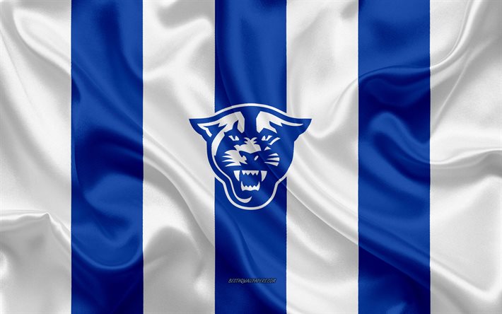 Georgian Valtion Panthers, Amerikkalainen jalkapallo joukkue, tunnus, silkki lippu, sininen valkoinen silkki tekstuuri, NCAA, Georgian Valtion Pantterit-logo, Atlanta, Georgia, USA, Amerikkalainen jalkapallo